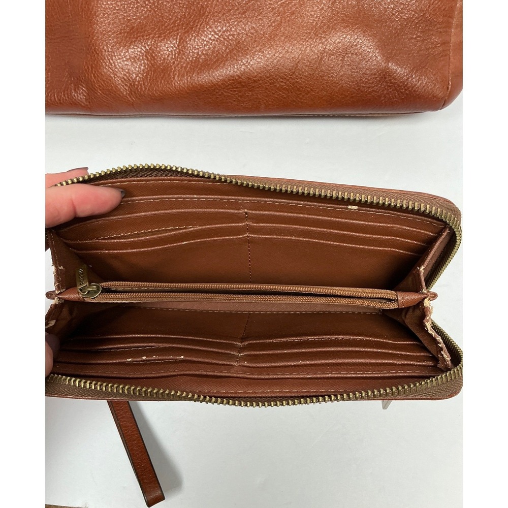 Fossil Rachel Tote and Zip Around Wallet Set Brown Pebbled Leather Cognac Brass - Picture 3 of 11